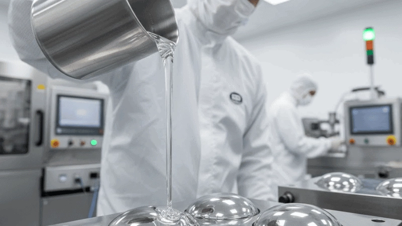 A man is pouring liquid silicone rubber to the mold.