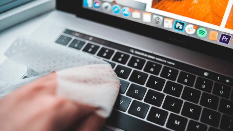 This picture shows the process of a person cleaning the keyboard