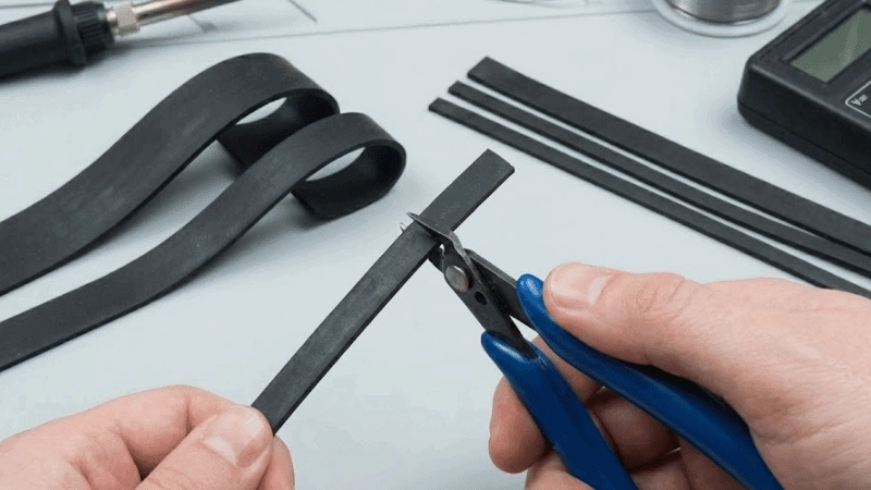 &nbsp;Ein Mann schneidet die leitfähigen Silikonstreifen durch.