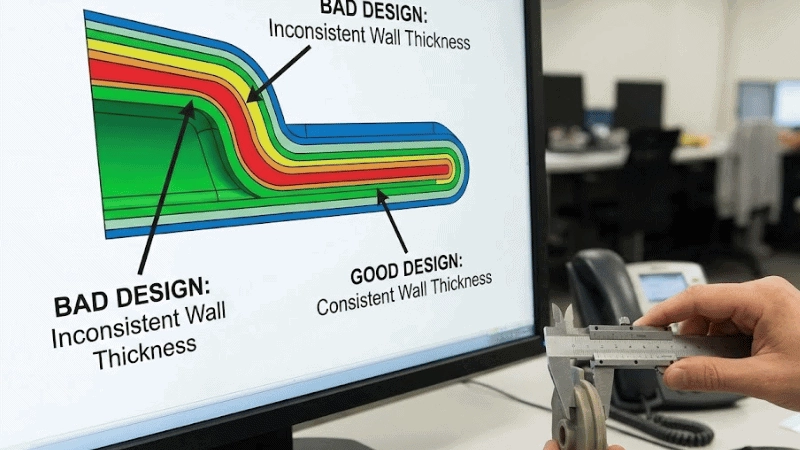 The man is ensuring that the rubber walls are consistent in thickness.
