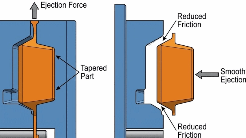 The tapered surface reduces friction between the part and mold cavity, ensuring smooth ejection.
