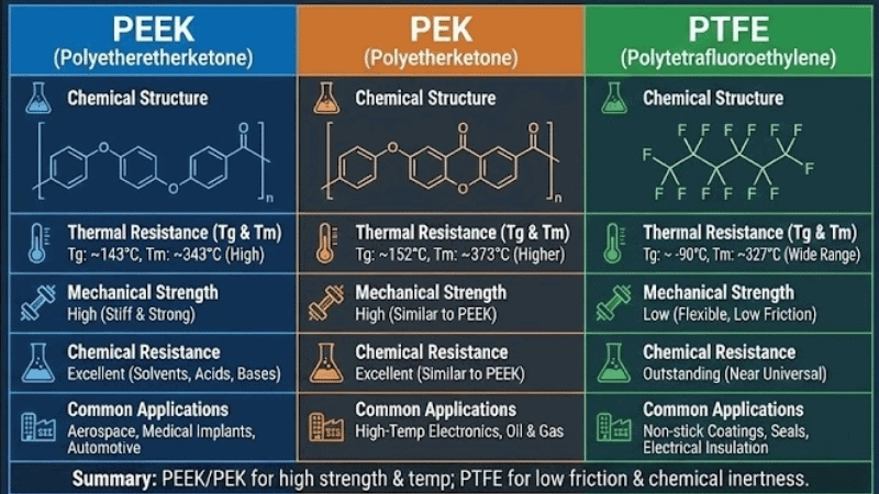 Comparación de PEEK con PEK y PTFE