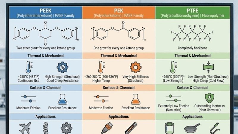 comparar PEEK con PEK y PTFE
