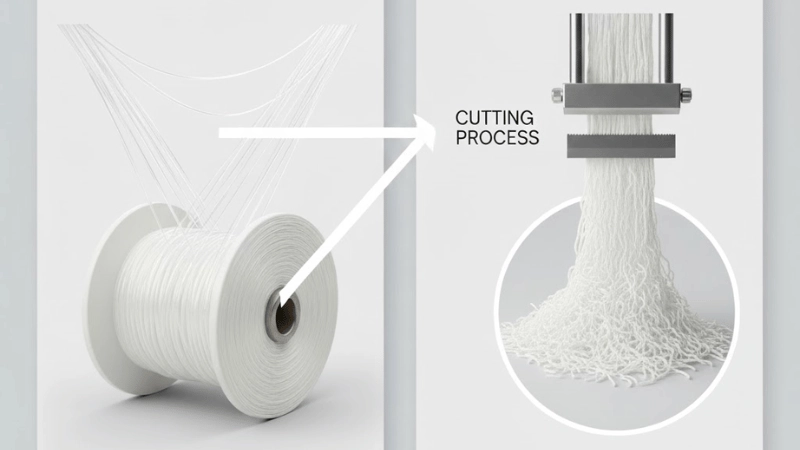 Filaments are cut into either short fiber lengths or continuous filaments.