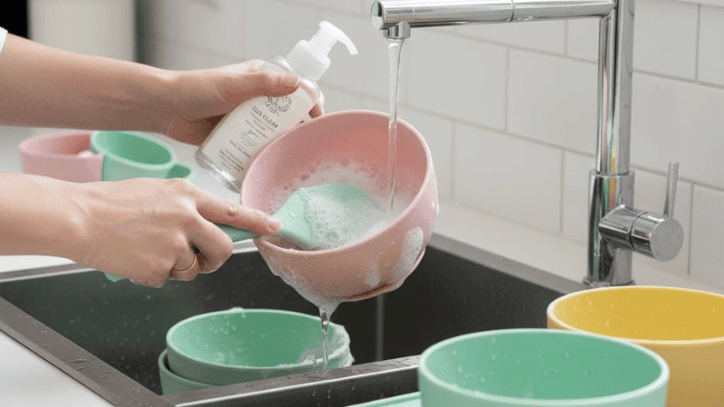Clean silicone bowls with mild detergents or compatible cleaning agents. 