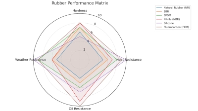 Cuadro comparativo del rendimiento del caucho que muestra la dureza, la resistencia al calor, la resistencia al aceite y la resistencia a la intemperie para caucho natural, caucho sintético y caucho especial.